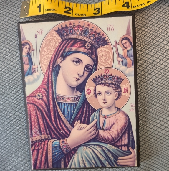 Vintage Blessed Virgin Mary and The Child Jesus Icon Wood Tile on Wood - Picture 5 of 8